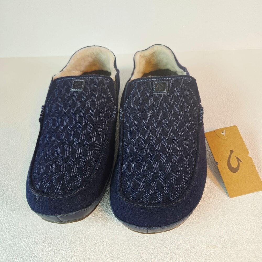 OluKai Slippers Mens 15 Trench Blue Moloa Kilohana Sheepskin Lined Moccasin NEW